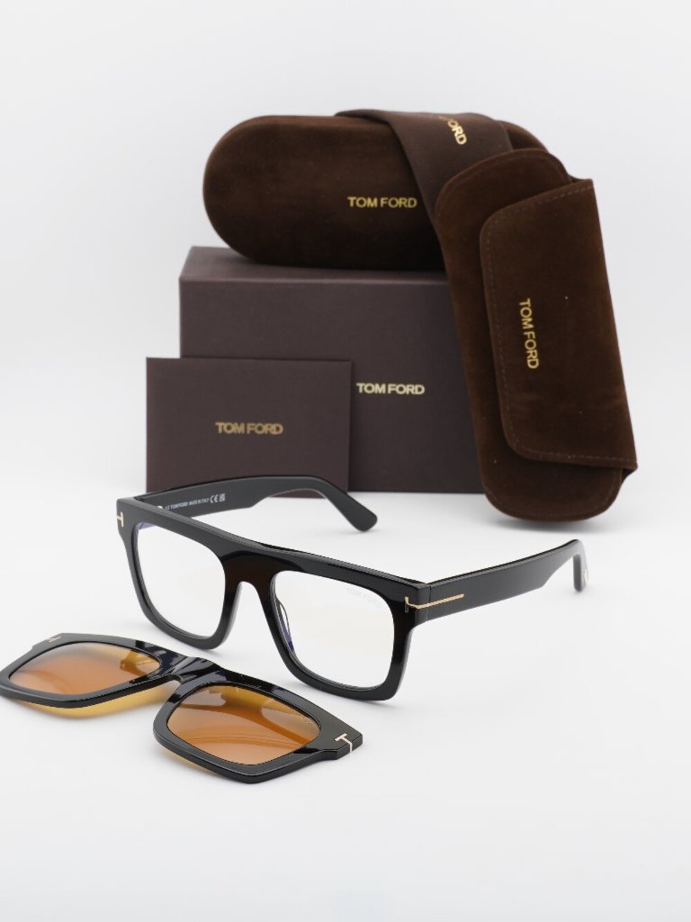 Tom Ford FT6068-B 001 Square Eyeglasses 53mm - Black/Clear with Magnetic Clip-on